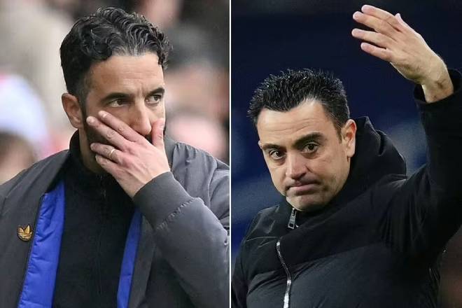 Ảnh ghép Amorim và Xavi Hernandez sau khi HLV Man Utd bị sa thải.